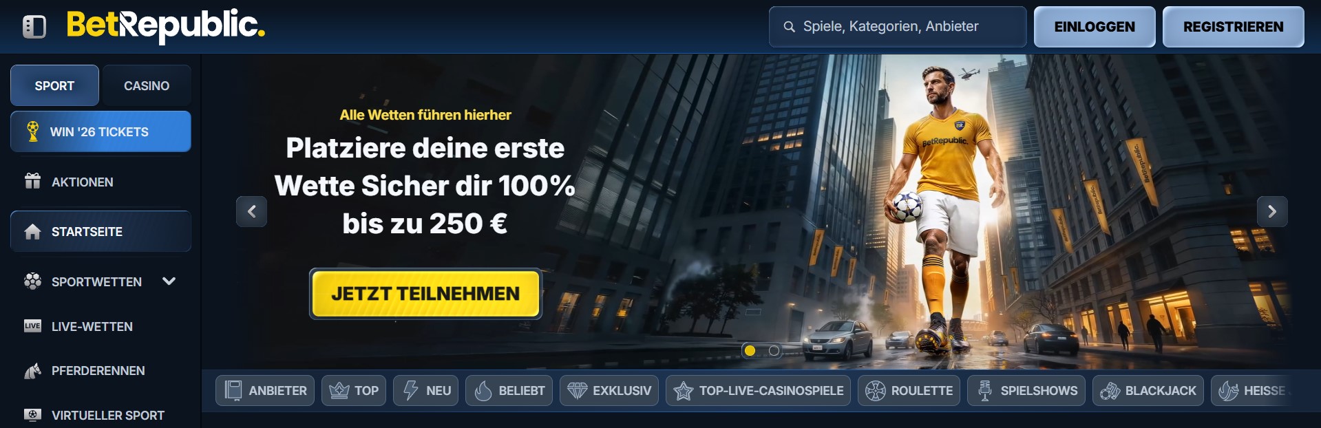  Promotionsseite eines modernen Wettanbieters Österreich mit Fußballspieler im gelben Trikot von BetRepublic, der durch eine urbane Straße läuft, während im Hintergrund Hochhäuser und Autos die dynamische Atmosphäre unterstreichen.